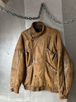 Vintage oversized real leather funnel neck bomber jacket washed brown